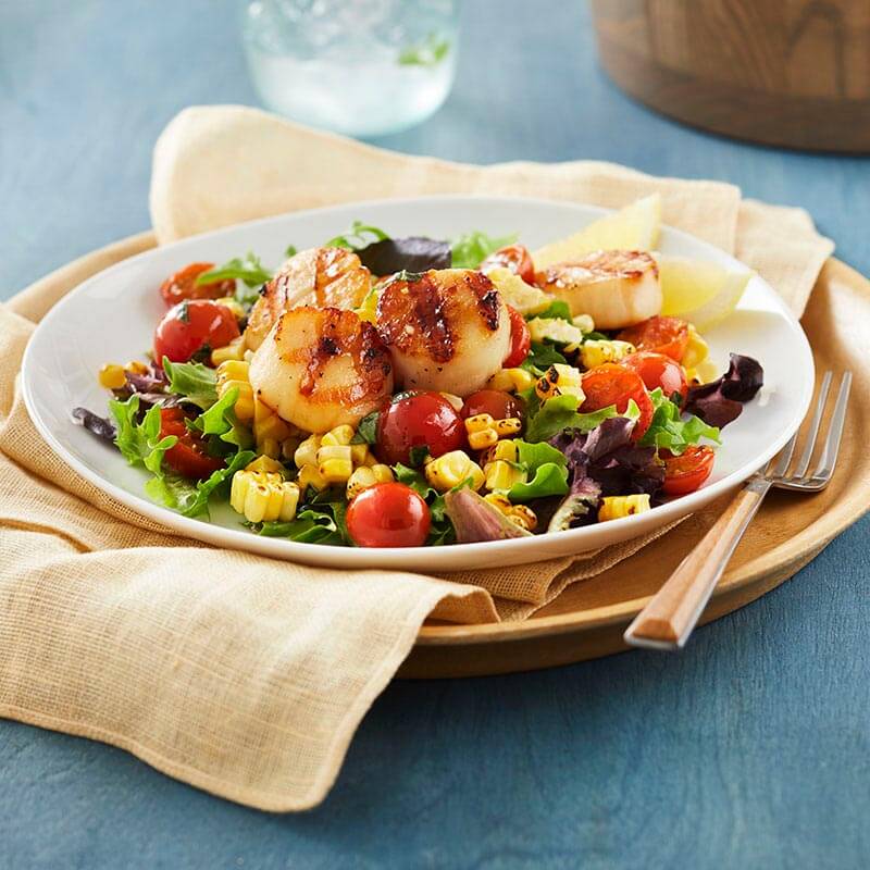 Scallops with Glorys® Tomatoes, Corn, & Red Leaf Lettuce - NatureSweet